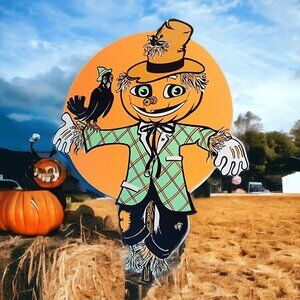 Beistle Halloween Scarecrow Diecut Wall Decoration Crow 60s Made In USA Vintage